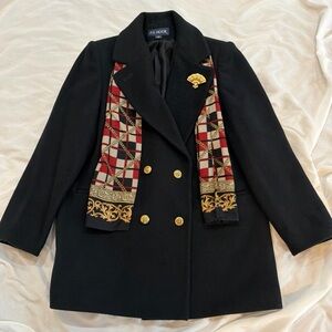 JG Hook Double Breasted Pea Coat Women's Size 10 Wool Blend Black w Broach